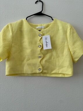 12th Tribe Lemon Yellow Tweed Top (L) & skirt (M) with Rhinestone Buttons